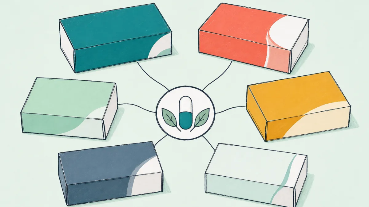 Many different brand boxes, one shared active ingredient at the centre.