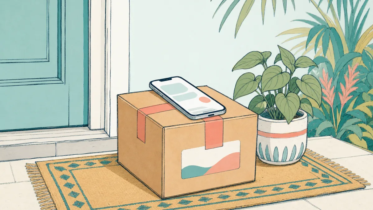 A medicine parcel delivered to the doorstep, ordered from a phone.
